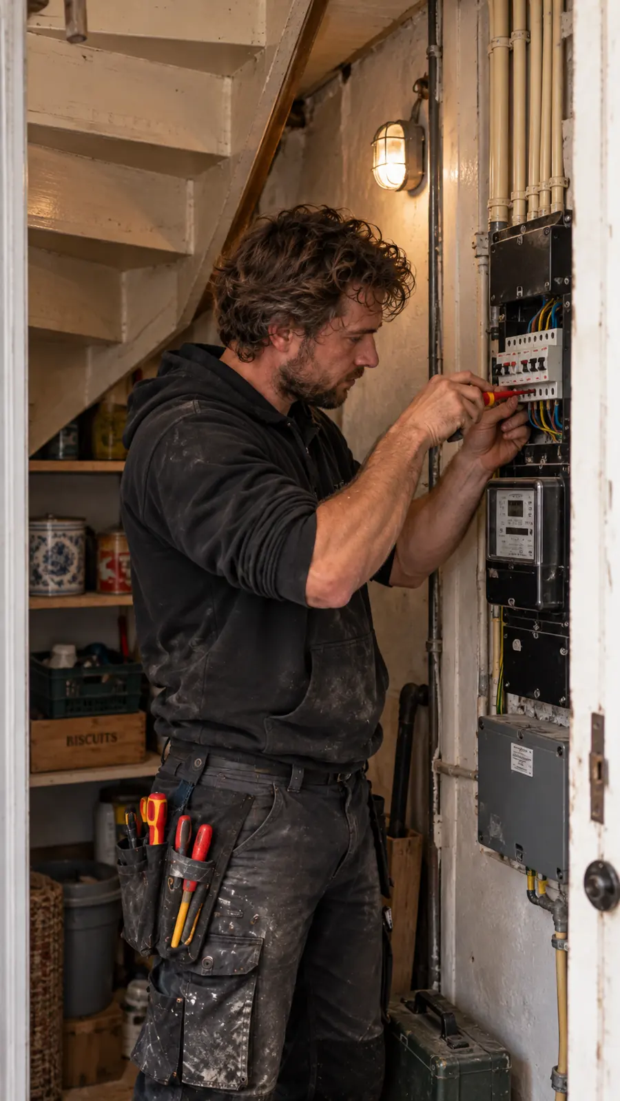 Elektricien werkt aan een groepenkast in een meterkast