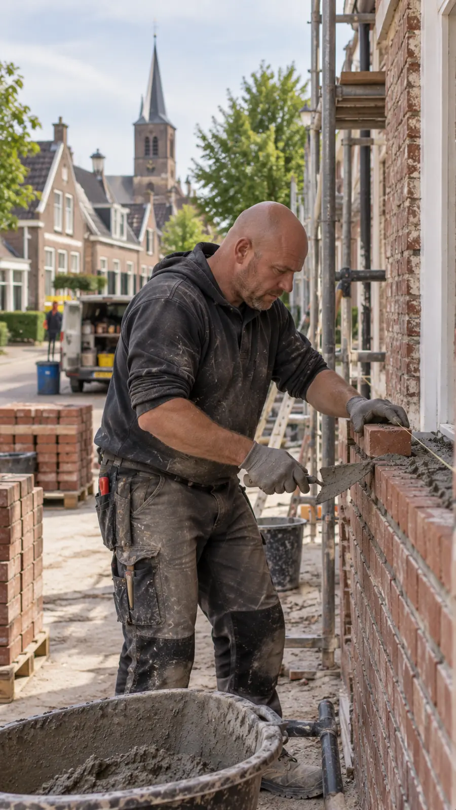 Metselaar zet een muur op met baksteen en specie