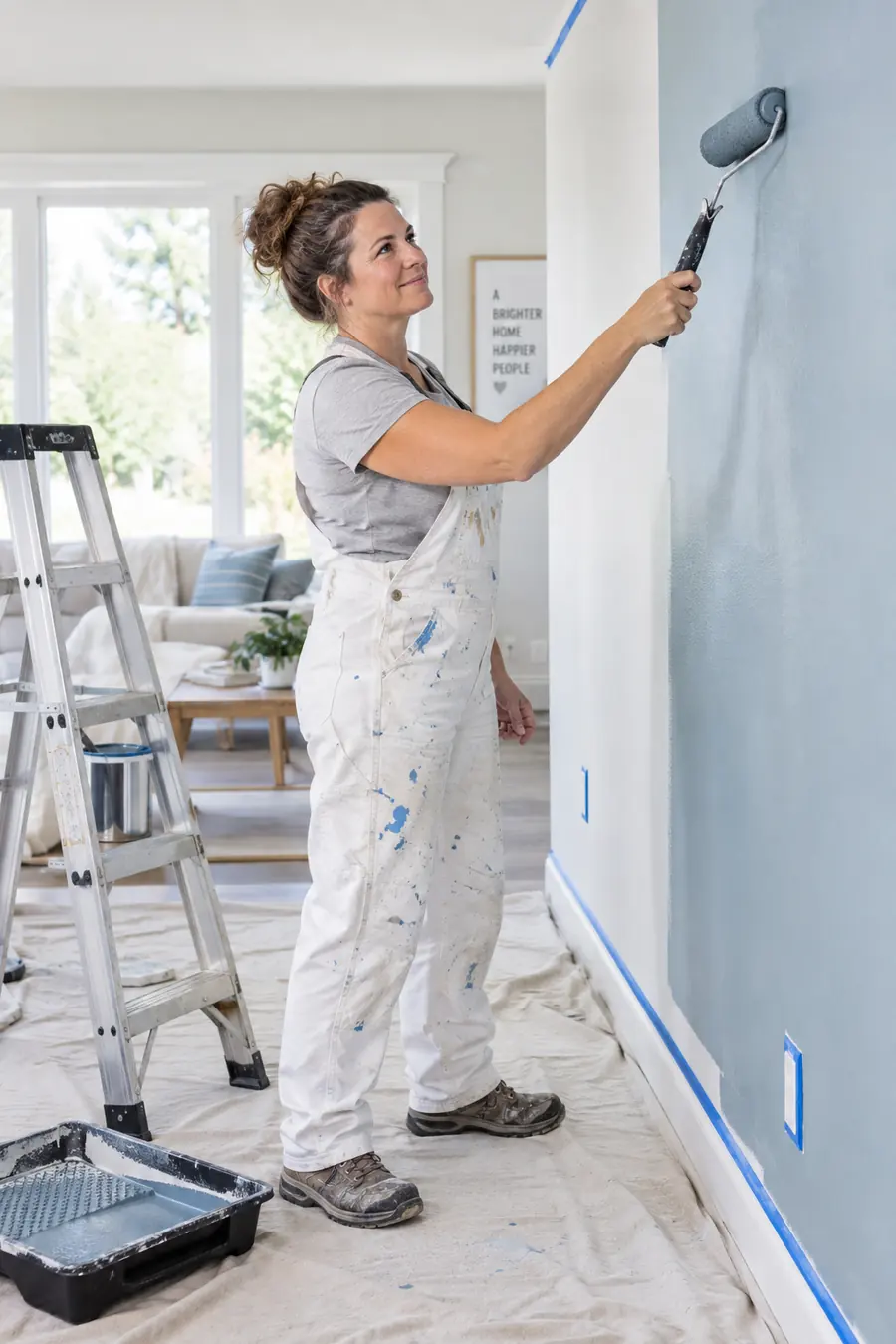 Schilder werkt een kozijn af met een kwast