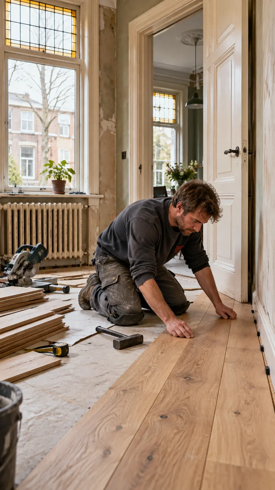 Vloerlegger legt een houten vloer in een woonkamer